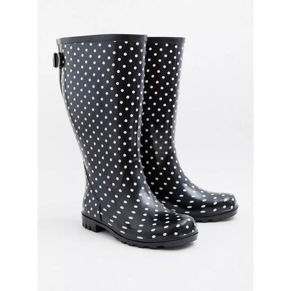 Torrid 8WW Wide Width Black/White Polka Dot Rubber Rainboots Knee Rain Boots New - Picture 3 of 4